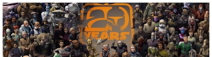 卢卡斯影业动画二十周年纪念海报上都有什么角色和飞船？